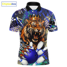 Load image into Gallery viewer, Personalized blue graffiti tiger bowling polo shirt for men, custom bowling team jersey.