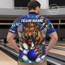 Load image into Gallery viewer, Man wearing blue graffiti tiger bowling quarter zip shirt back view.