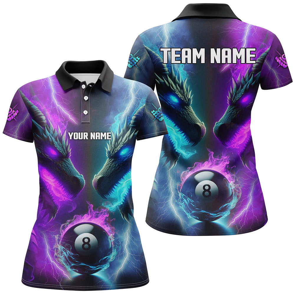 Custom Blue Purple Fire 3D Dragon 8 Ball Pool Billiard Shirts For Women, Team League Billiard Jerseys TDM2394