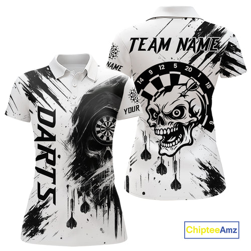 Personalized White Black Grunge Skull Darts Shirt For Women Custom Funny Darts Team Jersey Outfit TDM4908