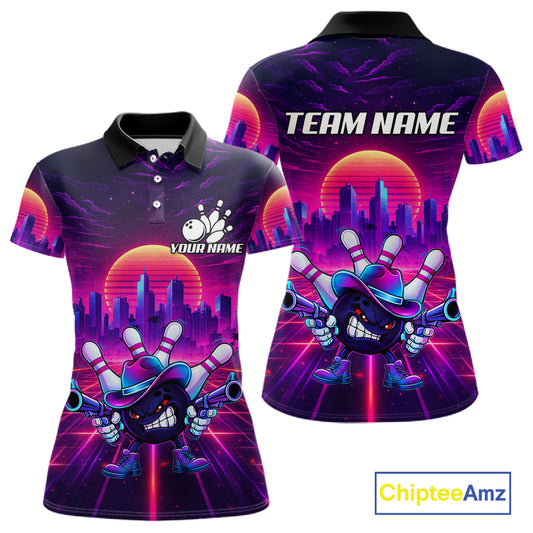 Custom Retro Funny Neon Bowling Shirt For Women, Pink And Purple Bowling Team Jersey Polo & 1/4 Zip TDM6220