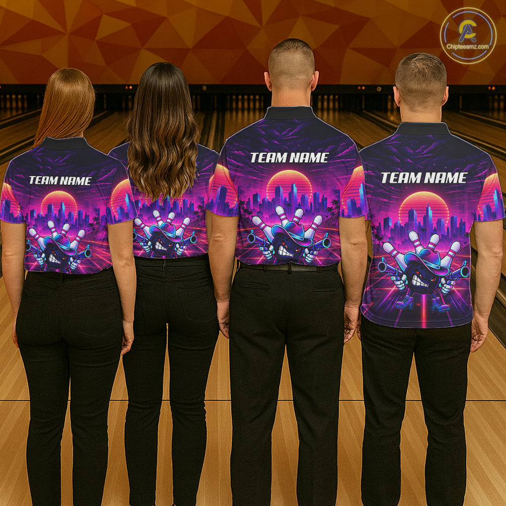 Custom Retro Funny Neon Bowling Shirt For Women, Pink And Purple Bowling Team Jersey Polo & 1/4 Zip TDM6220