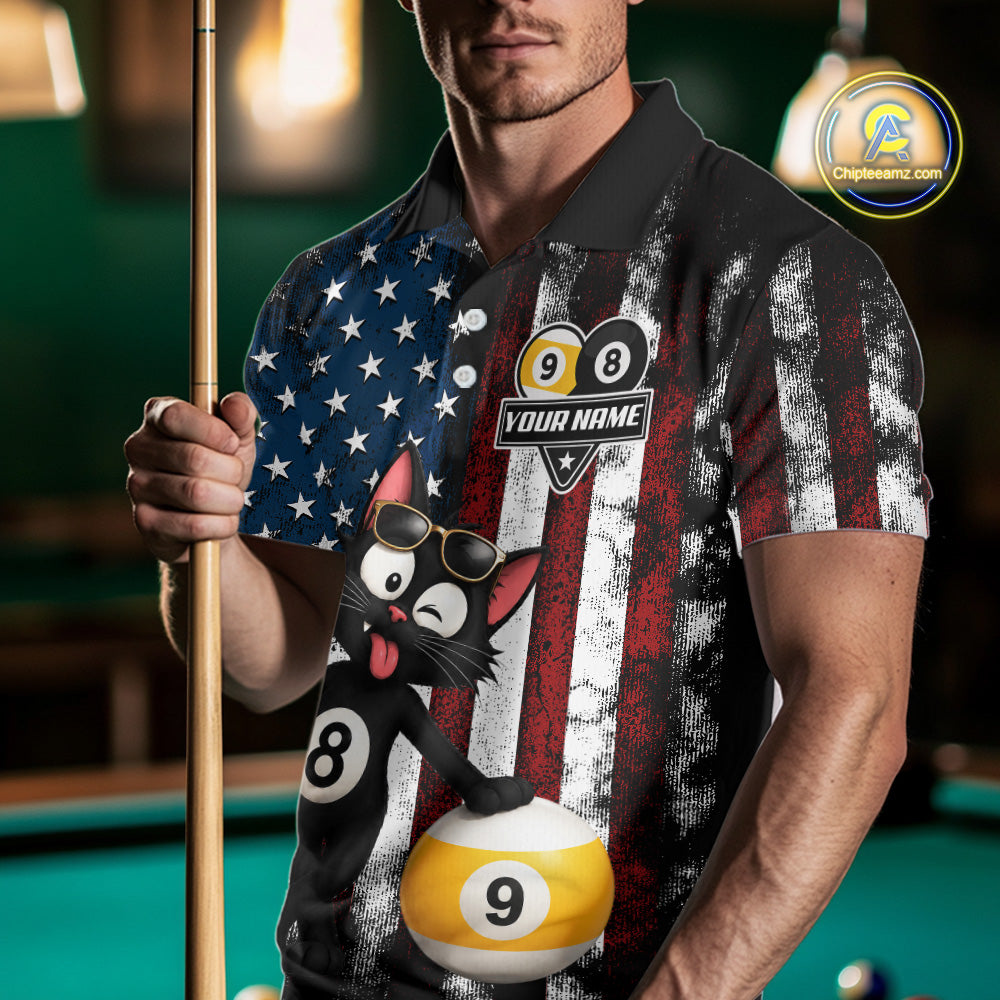 Man wearing a funny cat 8 ball billiard jersey beside a pool table front view.