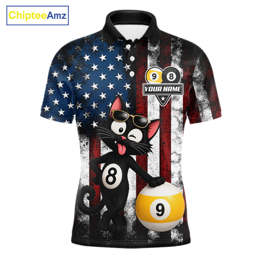 Men’s funny cat 8 ball pool polo shirt with American flag billiard graphics and playful style.