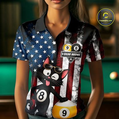 Woman wearing a funny cat 8 ball billiard jersey beside a pool table front view.