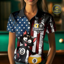 Load image into Gallery viewer, Woman wearing a funny cat 8 ball billiard jersey beside a pool table front view.