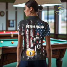 Load image into Gallery viewer, Back view of woman wearing a funny cat pool team shirt in a billiards hall.