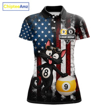 Load image into Gallery viewer, Women’s funny cat 8 ball pool polo shirt with American flag billiard graphics and playful style.