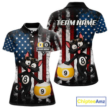 Load image into Gallery viewer, Women’s funny cat 8 ball pool polo shirt with American flag billiard graphics and playful style.