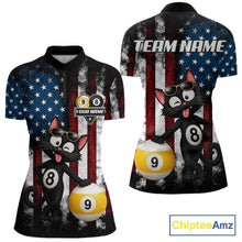 Load image into Gallery viewer, Women’s funny cat 8 ball billiard quarter zip shirt for tournaments and casual pool matches.