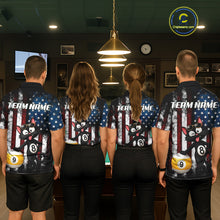 Load image into Gallery viewer, Back view of pool players wearing funny cat billiard shirts in a game room.