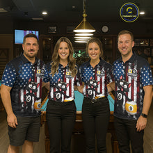 Load image into Gallery viewer, Pool team wearing matching funny cat billiard jerseys during league play front view.