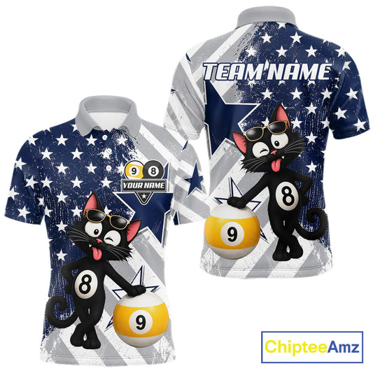 Men’s funny cat 8 ball and 9 ball pool polo shirt with patriotic US flag billiard graphics.