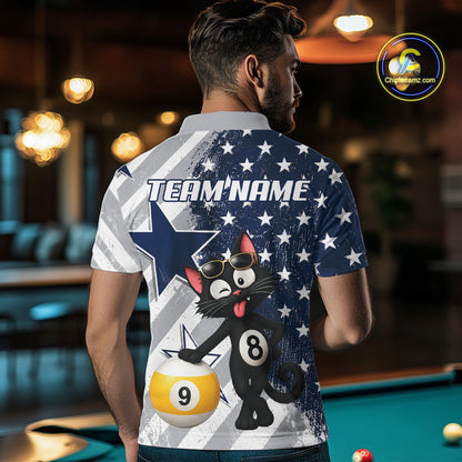 Back view of man wearing a funny cat pool team shirt in a billiards hall.