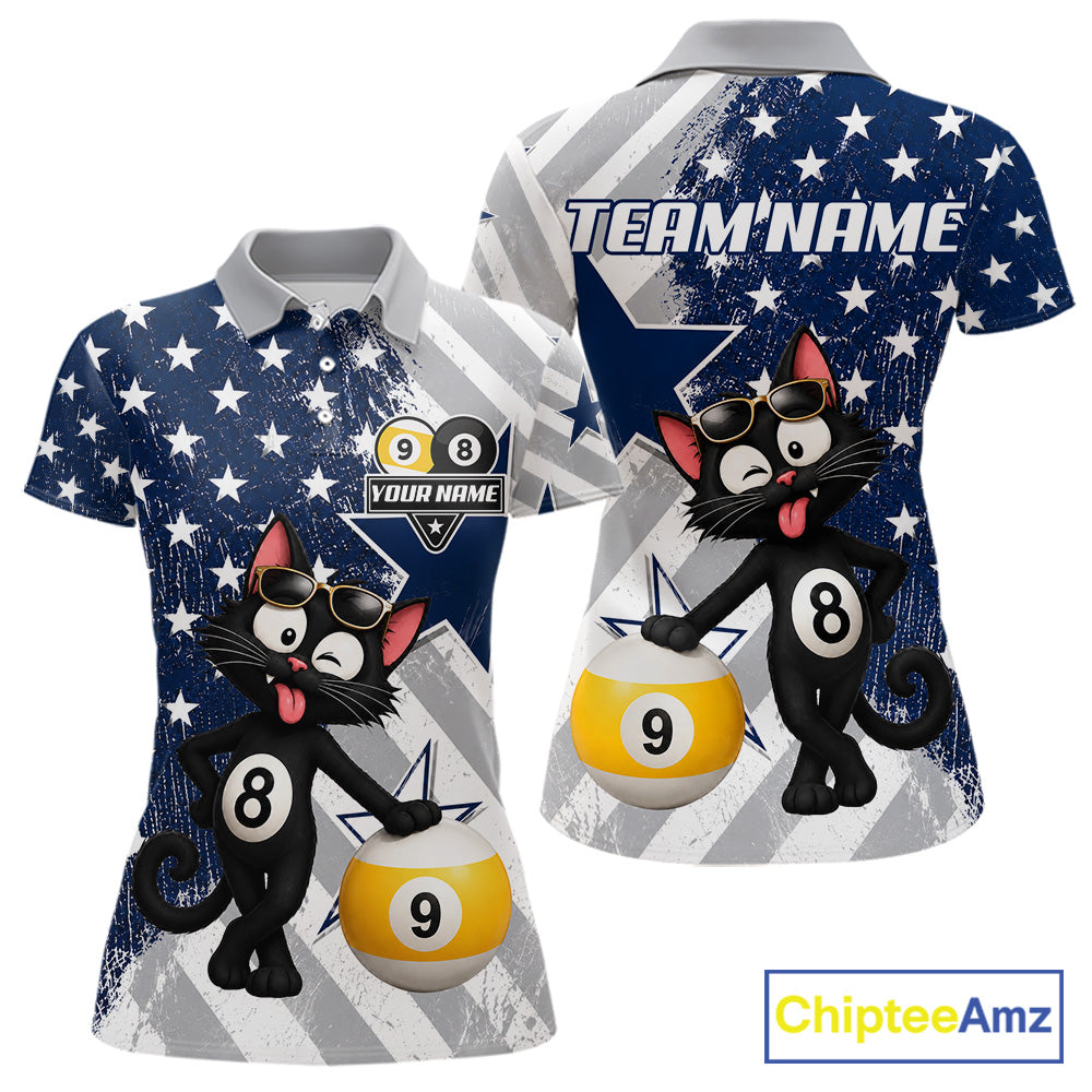 Women’s funny cat 8 ball and 9 ball pool polo shirt with patriotic US flag billiard graphics.