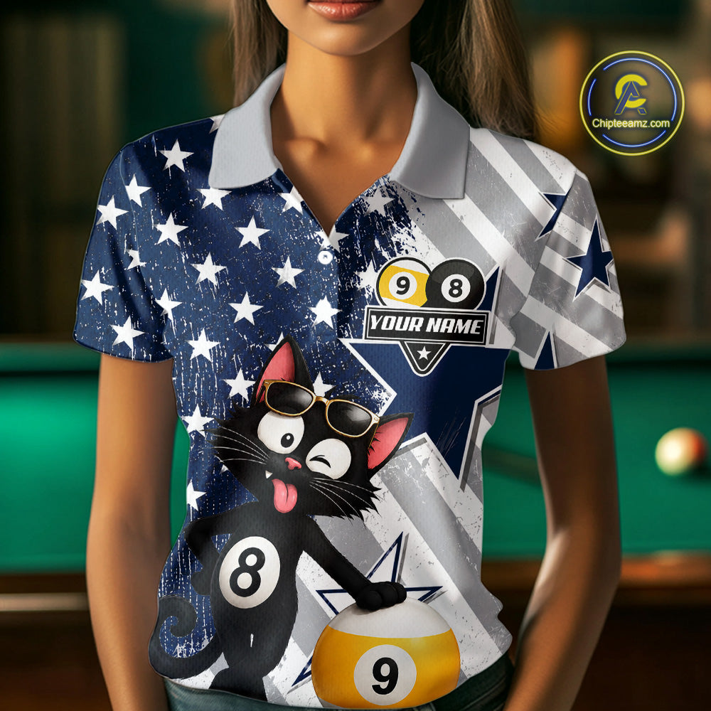 Woman wearing a funny cat billiard jersey beside a pool table front view.