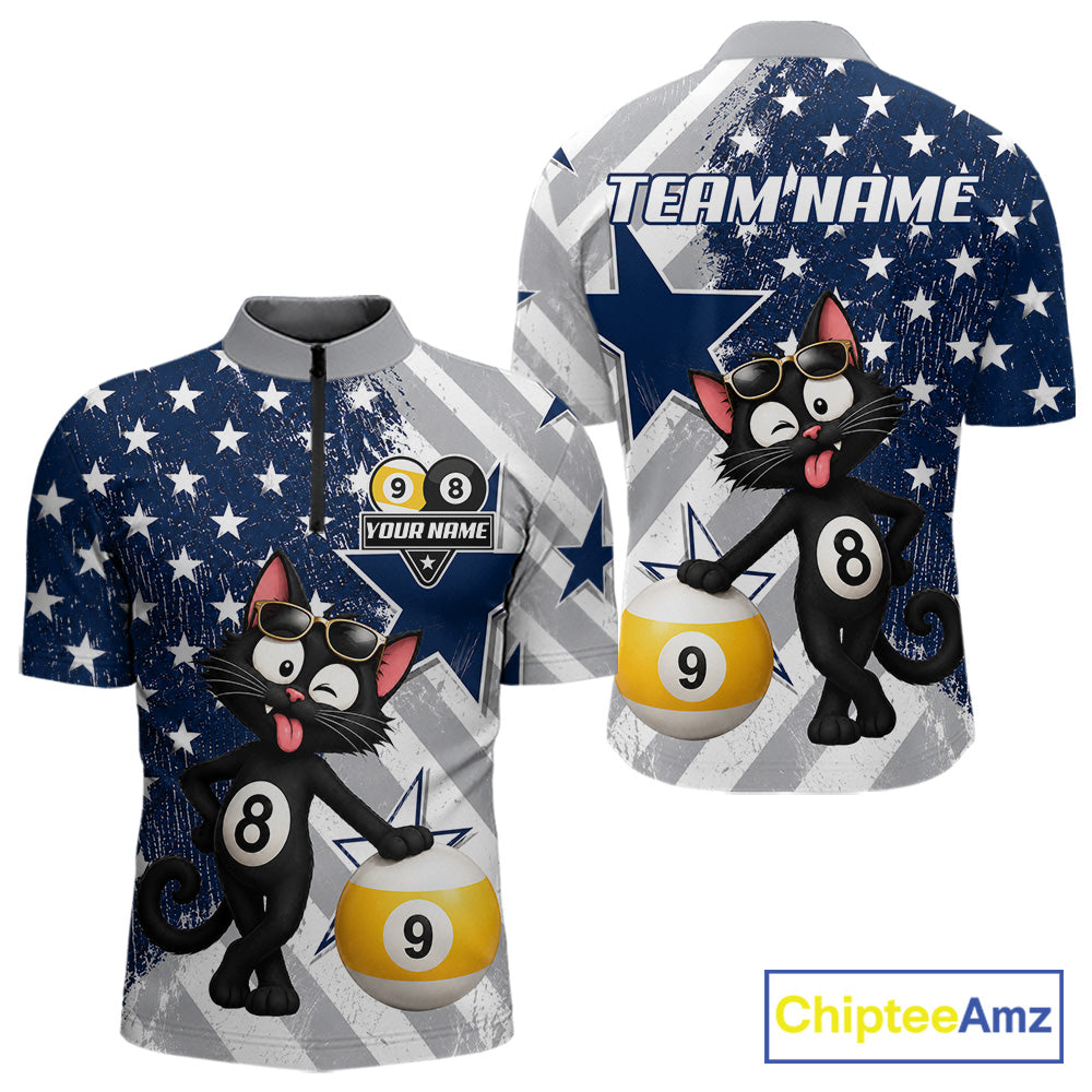 Men’s funny cat billiard quarter zip shirt with 8 ball and 9 ball artwork for league play.
