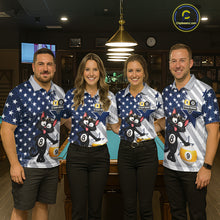 Load image into Gallery viewer, Pool team wearing matching funny cat billiard jerseys during league play front view.