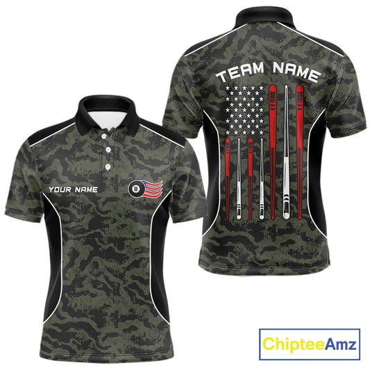 Men’s forest camo 8 ball pool polo shirt with patriotic American flag billiard graphics.