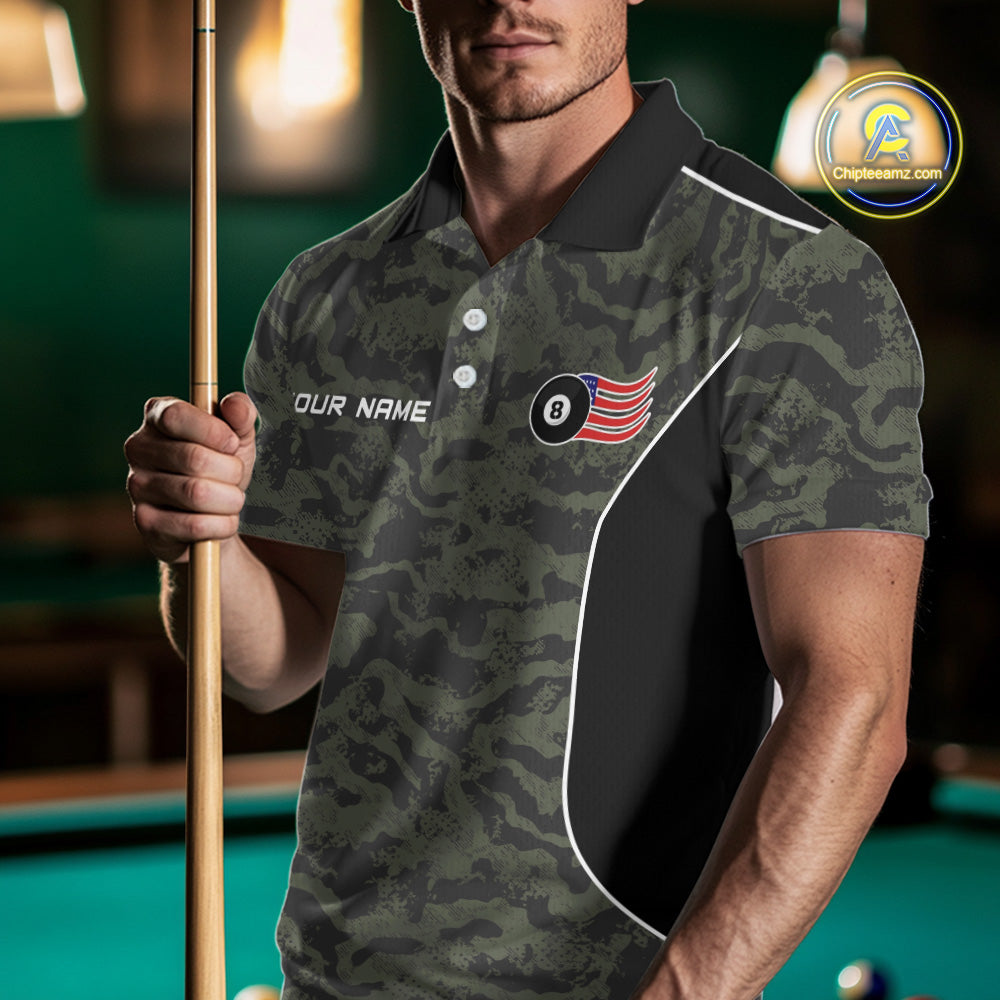 Man wearing a forest camo billiard jersey beside a pool table front view.