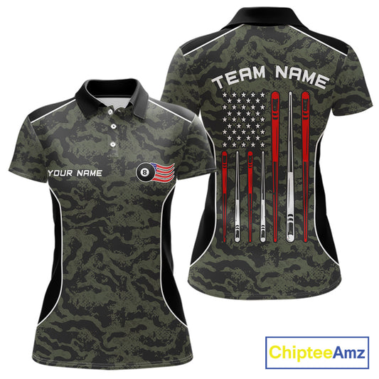 Women’s forest camo 8 ball pool polo shirt with patriotic American flag billiard graphics.
