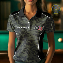Load image into Gallery viewer, Woman wearing a forest camo billiard jersey beside a pool table front view.