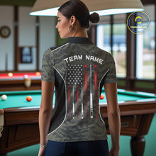 Load image into Gallery viewer, Back view of woman wearing a forest camo pool team shirt in a billiards hall.