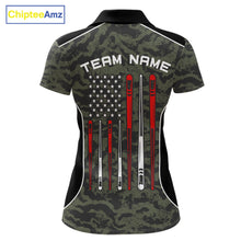 Load image into Gallery viewer, Women’s forest camo 8 ball pool polo shirt with patriotic American flag billiard graphics.