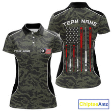 Load image into Gallery viewer, Women’s forest camo 8 ball pool polo shirt with patriotic American flag billiard graphics.