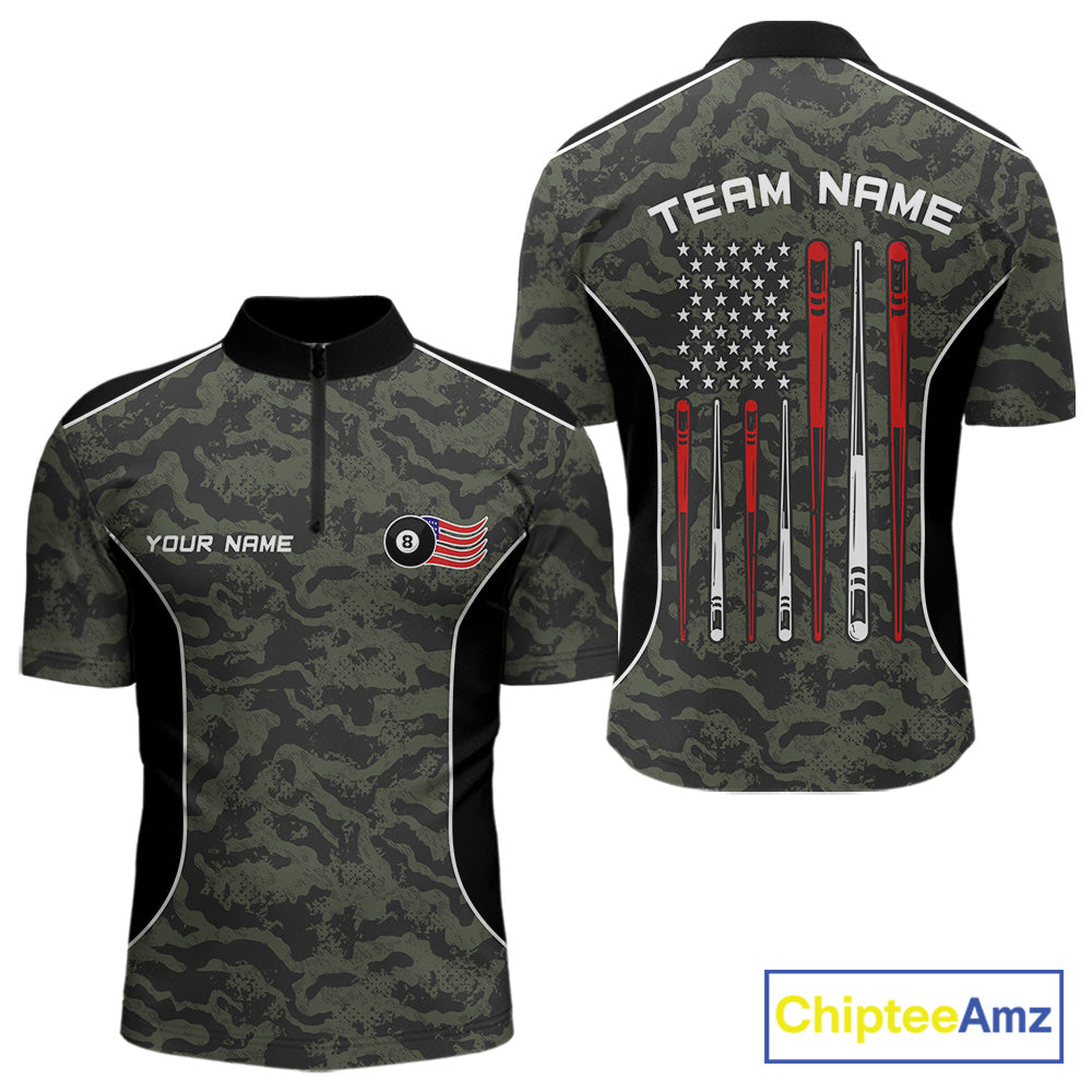 Men’s forest camo 8 ball billiard quarter zip shirt for league matches and tournaments.