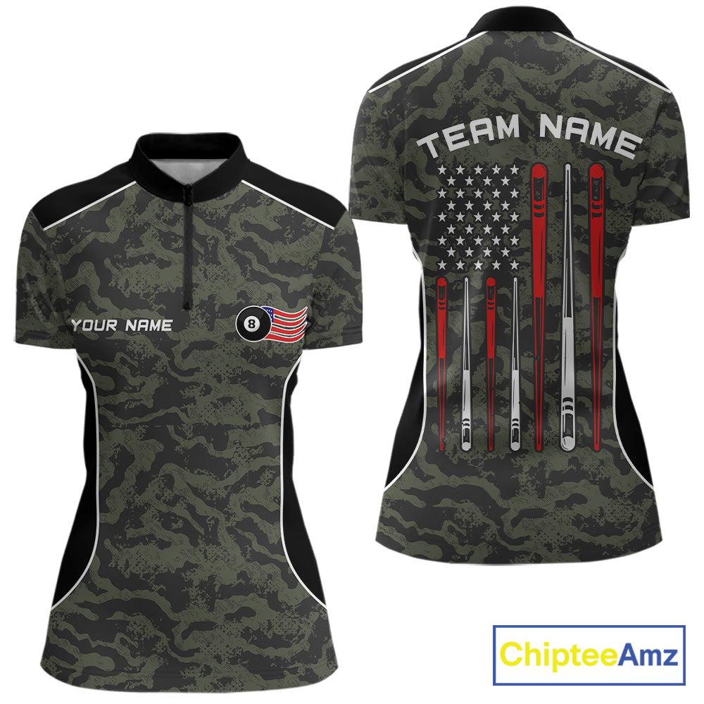 Women’s forest camo 8 ball billiard quarter zip shirt for league matches and tournaments.