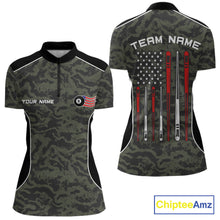 Load image into Gallery viewer, Women’s forest camo 8 ball billiard quarter zip shirt for league matches and tournaments.