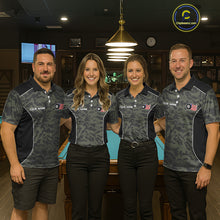 Load image into Gallery viewer, Back view of pool players wearing patriotic camo billiard shirts in a game room.