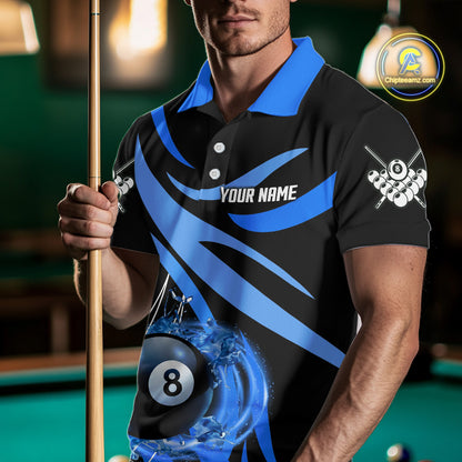 Man wearing a blue flame 8 ball billiard jersey beside a pool table front view.