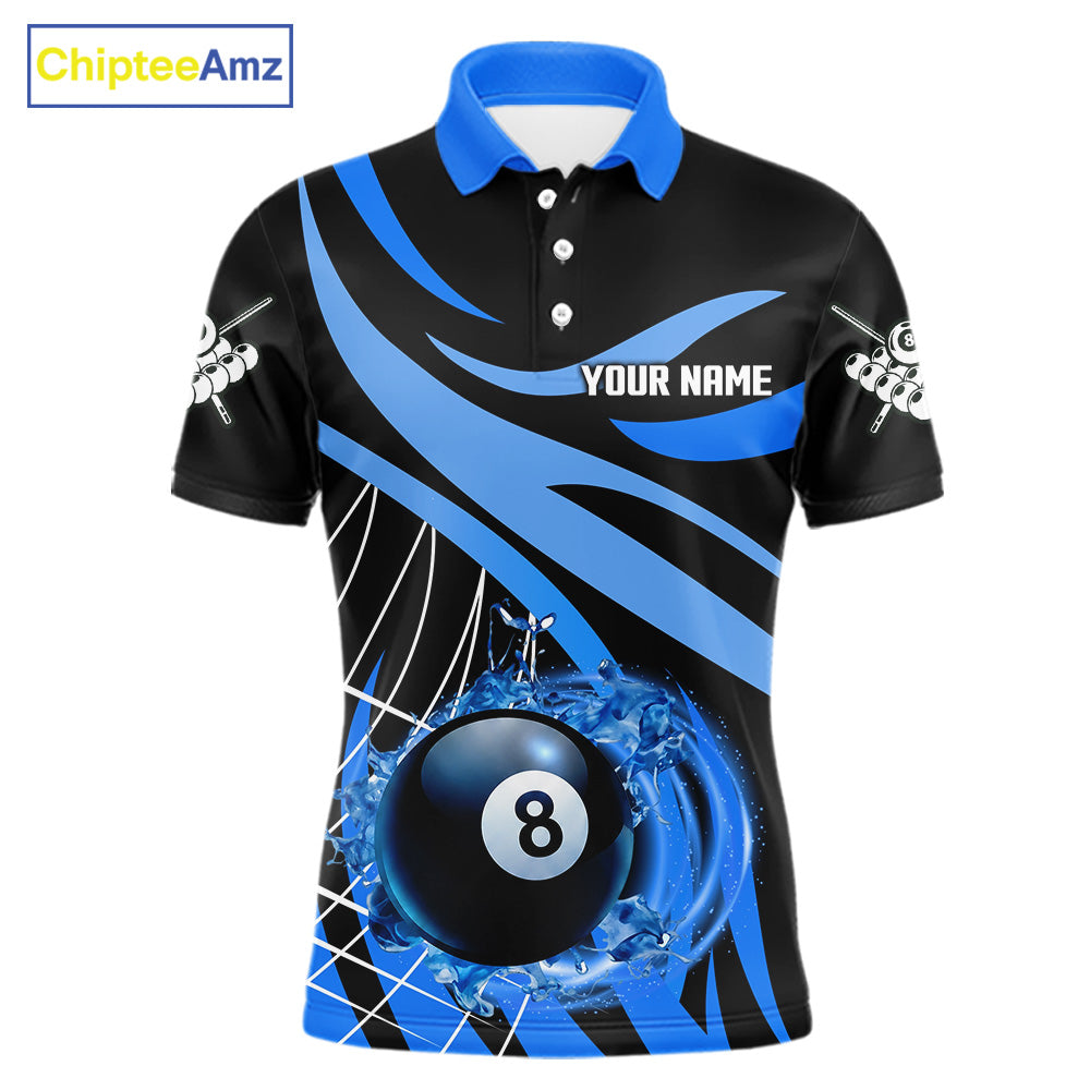 Men’s blue flame 8 ball pool polo shirt with custom billiard team graphics and league style.