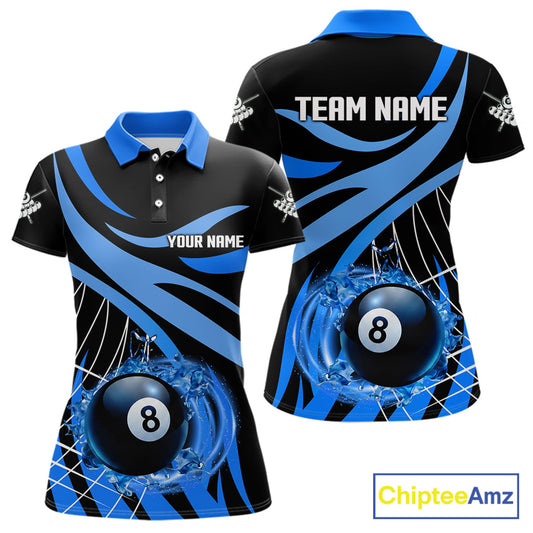 Women’s blue flame 8 ball pool polo shirt with custom billiard team graphics and league style.