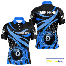 Load image into Gallery viewer, Men’s blue flame 8 ball pool polo shirt with custom billiard team graphics and league style.