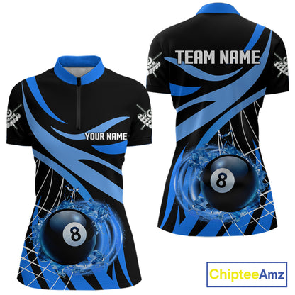 Women’s blue flame 8 ball billiard quarter zip shirt for tournaments and team matches.