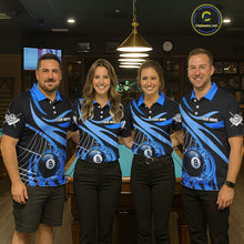 Load image into Gallery viewer, Pool team wearing matching blue flame billiard jerseys during league play front view.
