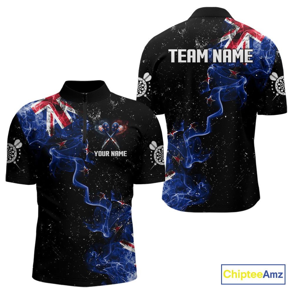 Customized Grunge New Zealand Flag Smoke Darts Polo & 1/4 Zip, Patriotic Darts Jerseys For Men TDM4289