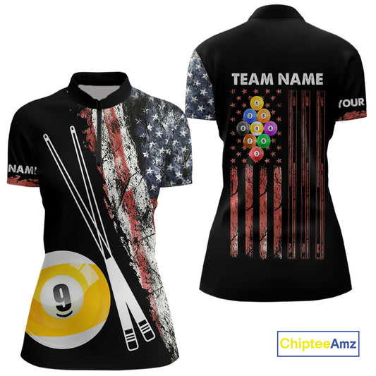Retro Grunge American Flag 9 Ball Pool Billiard Shirt For Women Custom Patriotic Billiard Team Jersey TDM4474
