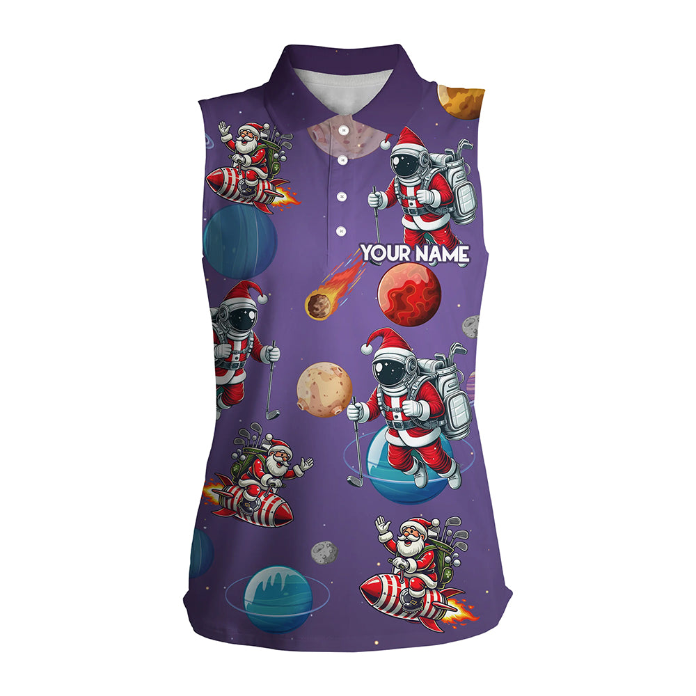 Funny Christmas Santa Astronaut Custom Women Sleeveless Polo Purple Golf Shirts, Christmas Golf Outfit TDM3119