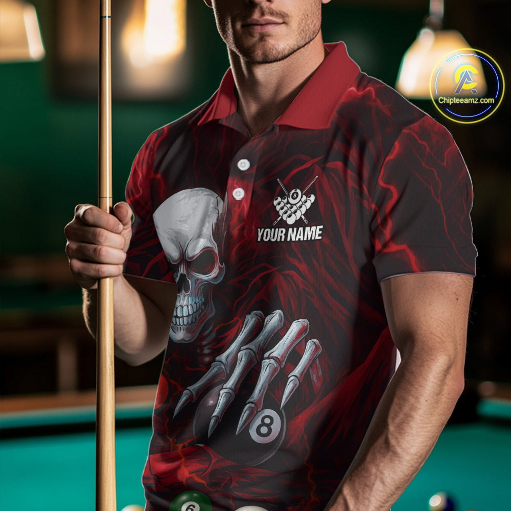 Personalized Red Funny Skeleton Pool Balls Billiard Shirt For Men, Skull Billiard Team Jerseys TDM5343