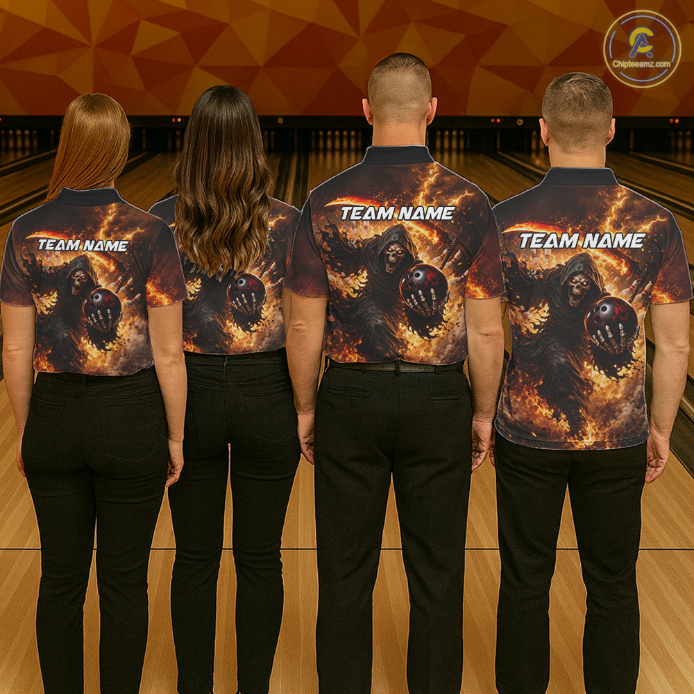 Orange Grim Reaper Fire Smoke Bowling Jersey For Women Custom Bowling Team Shirt Polo & 1/4 Zip TDM6233