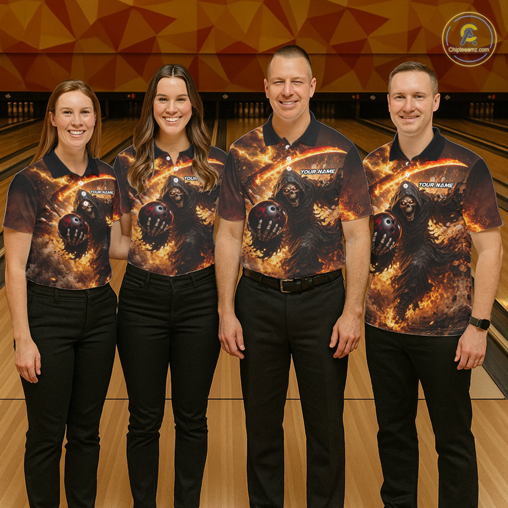 Orange Grim Reaper Fire Smoke Bowling Jersey For Women Custom Bowling Team Shirt Polo & 1/4 Zip TDM6233