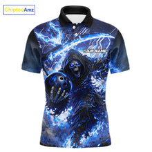 Load image into Gallery viewer, Blue Grim Reaper Fire Smoke Bowling Jersey For Men Custom Bowling Team Shirt Polo &amp; 1/4 Zip TDM6234