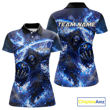 Blue Grim Reaper Fire Smoke Bowling Jersey For Women Custom Bowling Team Shirt Polo & 1/4 Zip TDM6234