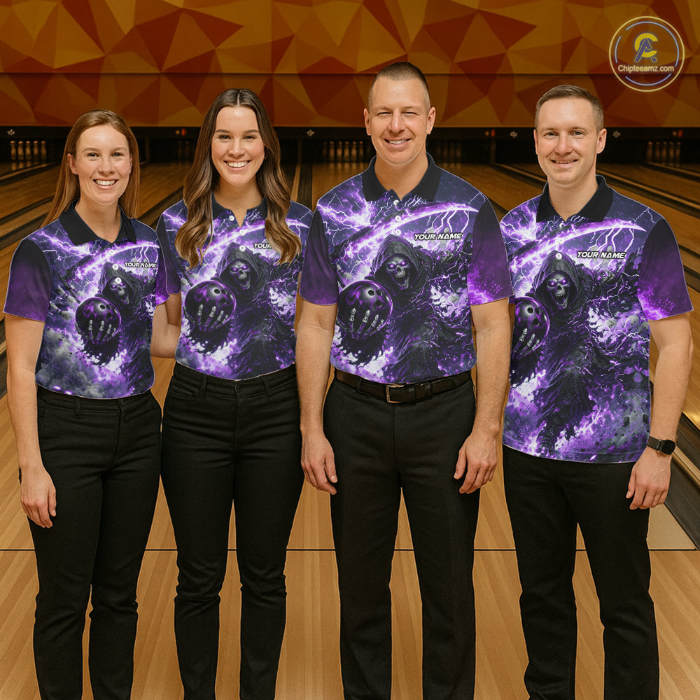 Purple Grim Reaper Fire Smoke Bowling Jersey For Women Custom Bowling Team Shirt Polo & 1/4 Zip TDM6235