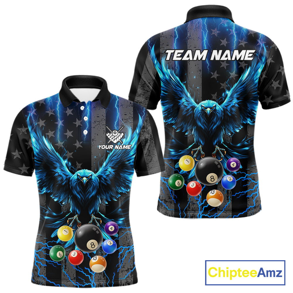 Blue lightning eagle 8 ball pool polo shirt for men with patriotic billiard team graphics.