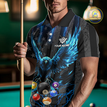 Man wearing a blue lightning eagle billiard jersey during league competition front view.